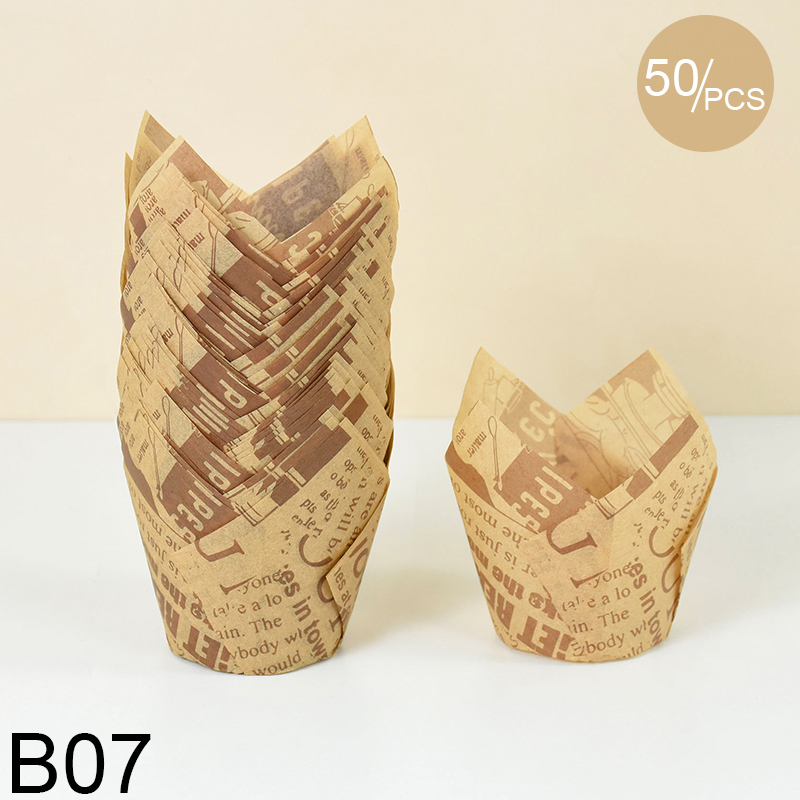50 stücke Zeitung Stil Cupcake Liner Backförmchen Für Hochzeit Geburtstag Party Tulpe Muffin Cupcake Pappbecher Öldicht Kuchen Verpackung