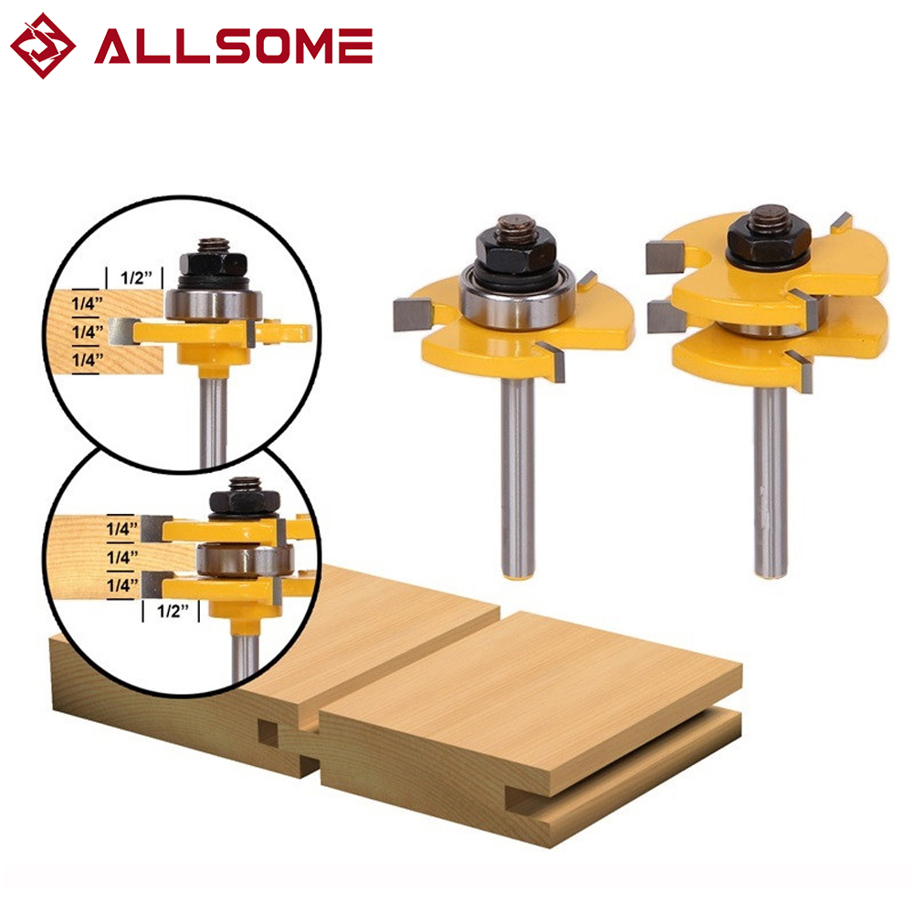 Allsome 2Pc Tong & Groove Router Bit Set 3/4 "Voorraad 1/4" Schacht 3 Tanden T-Vorm Houtfrees Frees Vloeren Hout Werkgereedschap