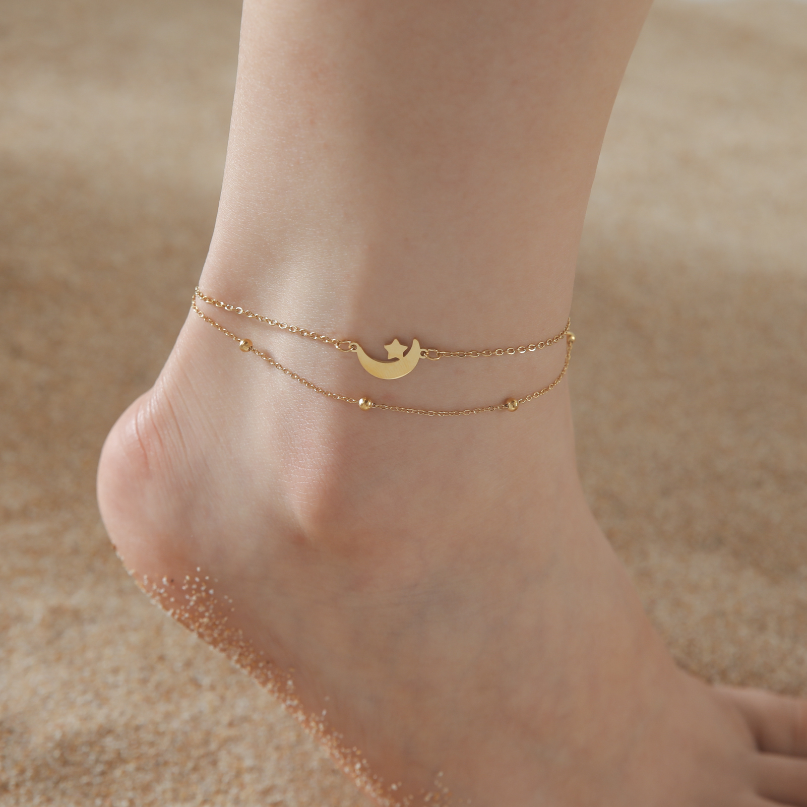 Cazador Animal Cat Dog Paw Anklets for Women Stainless Steel Double Layer Beads Foot Bracelet on the Leg Summer beach Jewelry: Titanium Plated