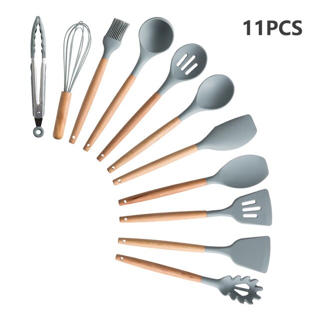 Batterie de cuisine en silicone avec poignée en bois Ensemble de cuisine Ensemble de batterie de cuisine Batterie de cuisine antiadhésive Accessoires de cuisine avec boîte de rangement en acier inoxydable: GRAY-11PCS