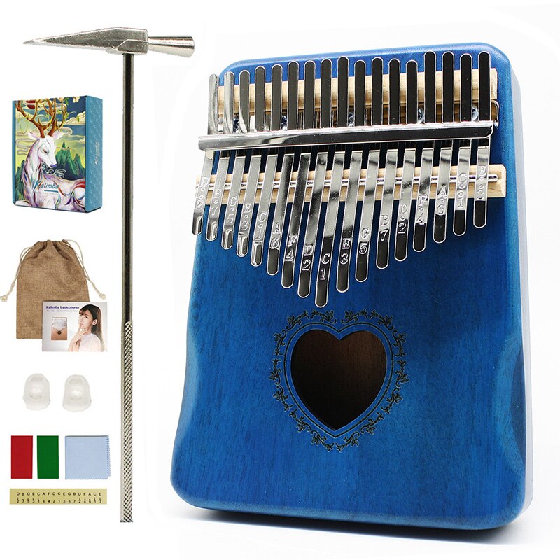 Kalimba 17 Keys Thumb Piano Mahogany Mbira Body Musical Instruments Handguard Wood Kalimba Piano Music Box: Love-Blue