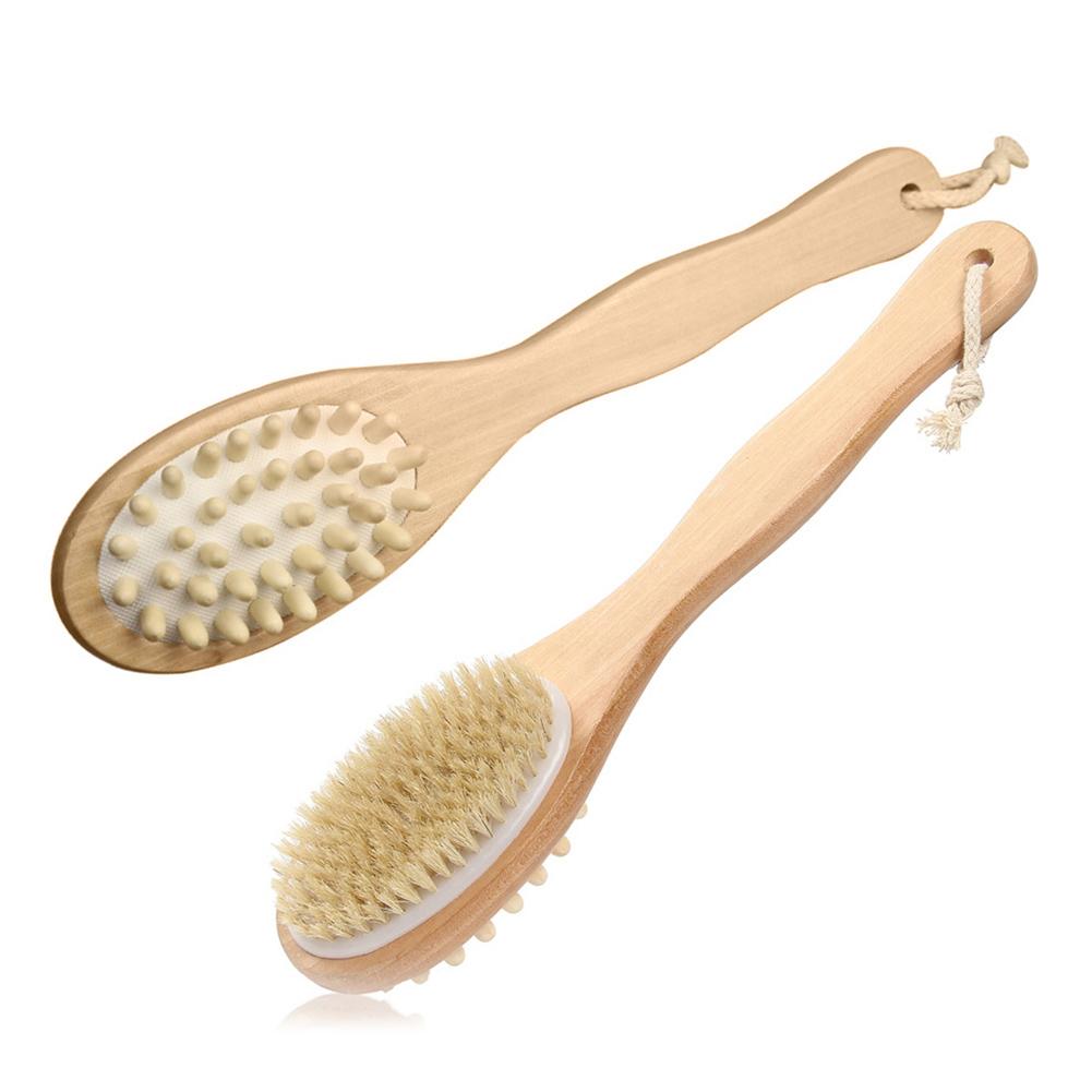 2-in-1 Body Brush Natural Bristles Back Scrubber Long Handle Wooden Cleaner