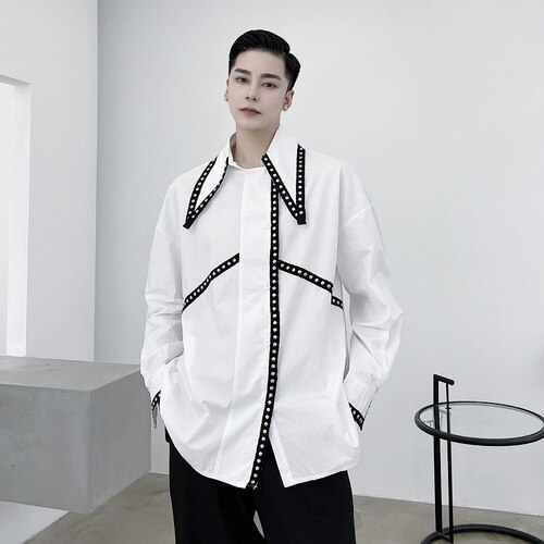 Male Rivet Long Sleeve Casual Shirt Male Japan Style Streetwear Hip Hop Punk Gothic Loose Shirt Stage Clothing: 9942 white / XL