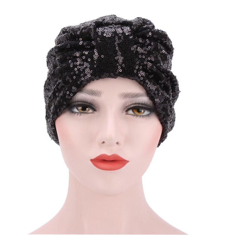 Couvre-tête à motif de paillettes pour femmes, Turban, Bonnet, chapeau, écharpe musulmane, casquette, nœud rond réutilisable, Harajuke: Black