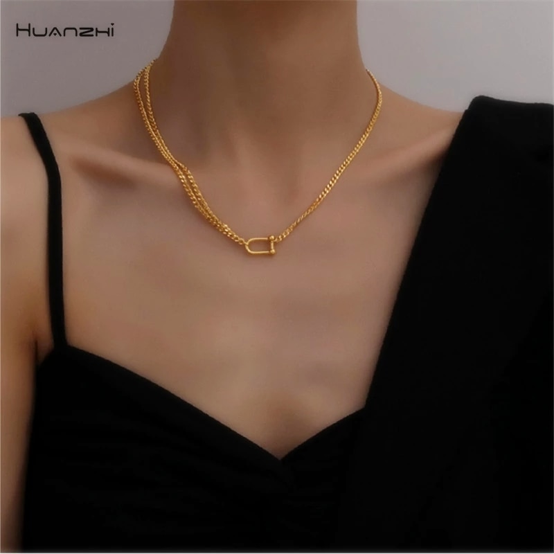 HUANZHI Gold Color Double layer Asymmetric Metal Necklace U Shape Pendant Choker Chian for Women Girls Jewelry