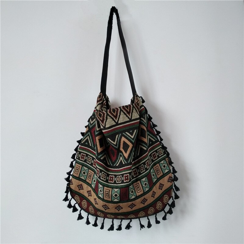 Vintage Etnische Stijl Enkele Schoudertas Handtas Kwastje Katoen Linnen Geen Voering Met Binnenzak Mode Womens Bag Zomer Boho