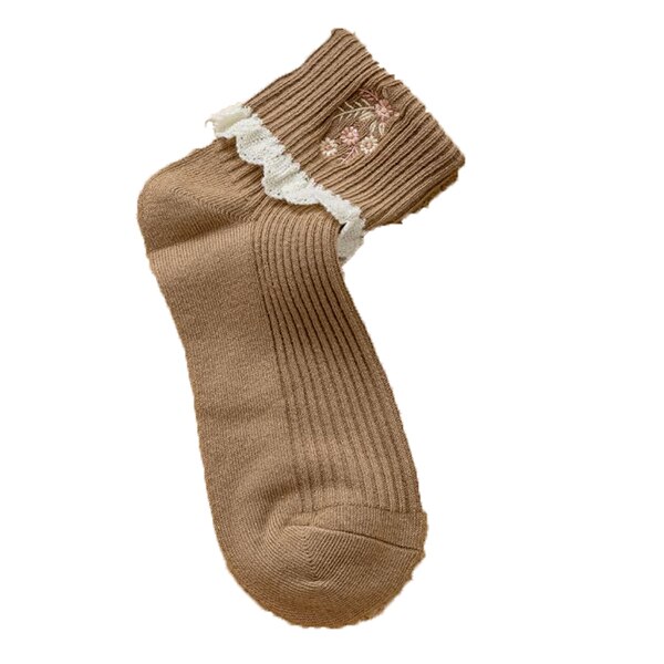 Calcetines con bordes de encaje para Mujer, medias con bordado de flores, Estilo Vintage, invierno, 2 pares: C 1Pair