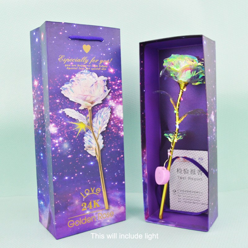 Glitterkleurige gouden rozendoos galaxy roos met liefdesbasis lichtgevende roos valentijn moederdag jubileum: 02
