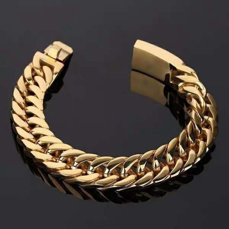 Pulseira masculina cubana, bracelete de metal banhado a ouro