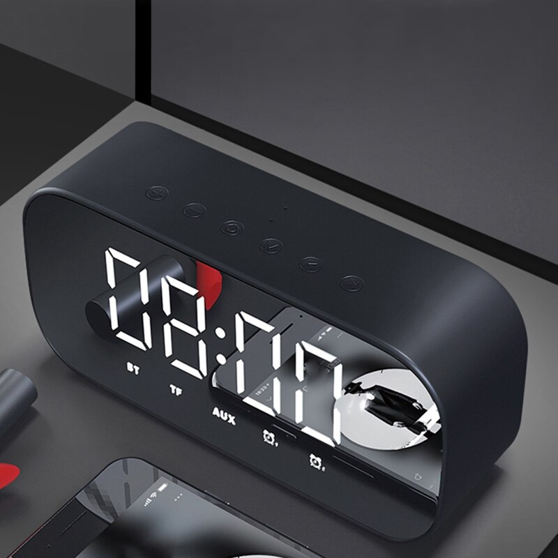 Altavoz Bluetooth con Radio FM Despertador con efecto espejo y luz LED reloj Subwoofer reproductor de música despertador reloj de escritorio inalámbrico: Black