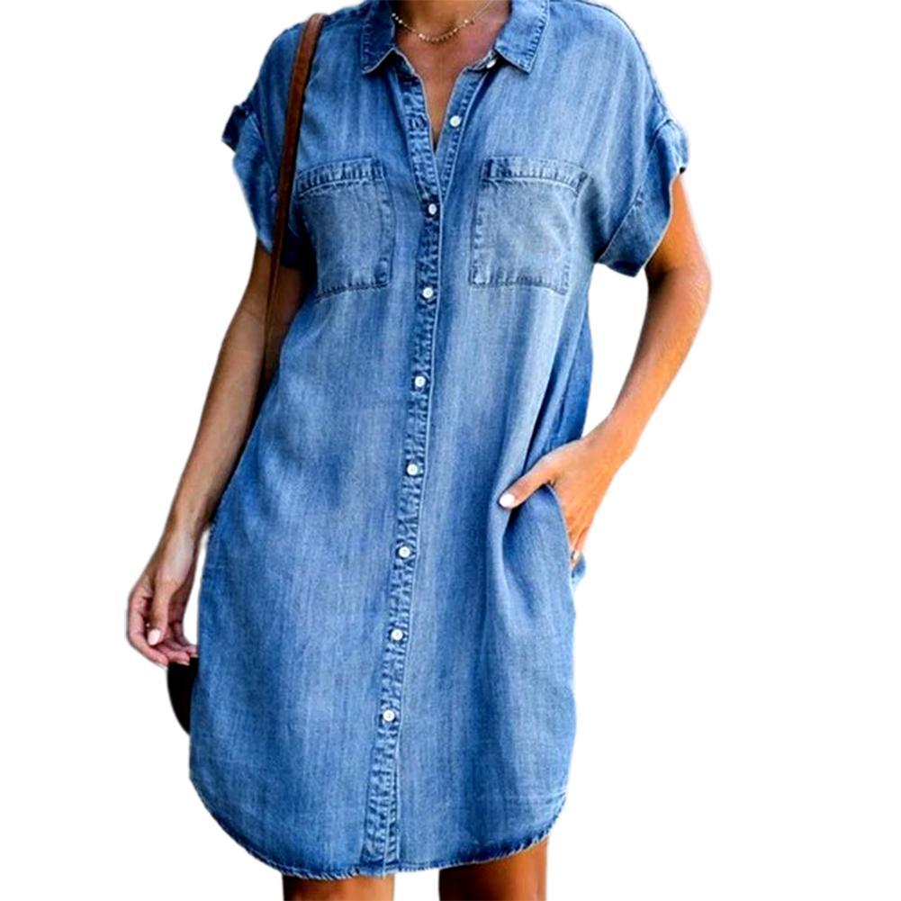 Plus Size Denim Jurk Vrouwen Korte Mouwen Zakken Single-Breasted Onregelmatige Zoom Knielange Losse Jurk Lente Zomer jurken