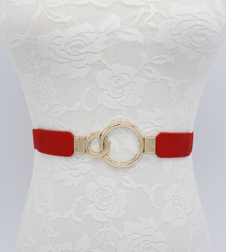 Fajas con hebilla de doble círculo dorado para mujer, cinturón elástico fino para vestido, cinturones de cuero de imitación para mujer, de
