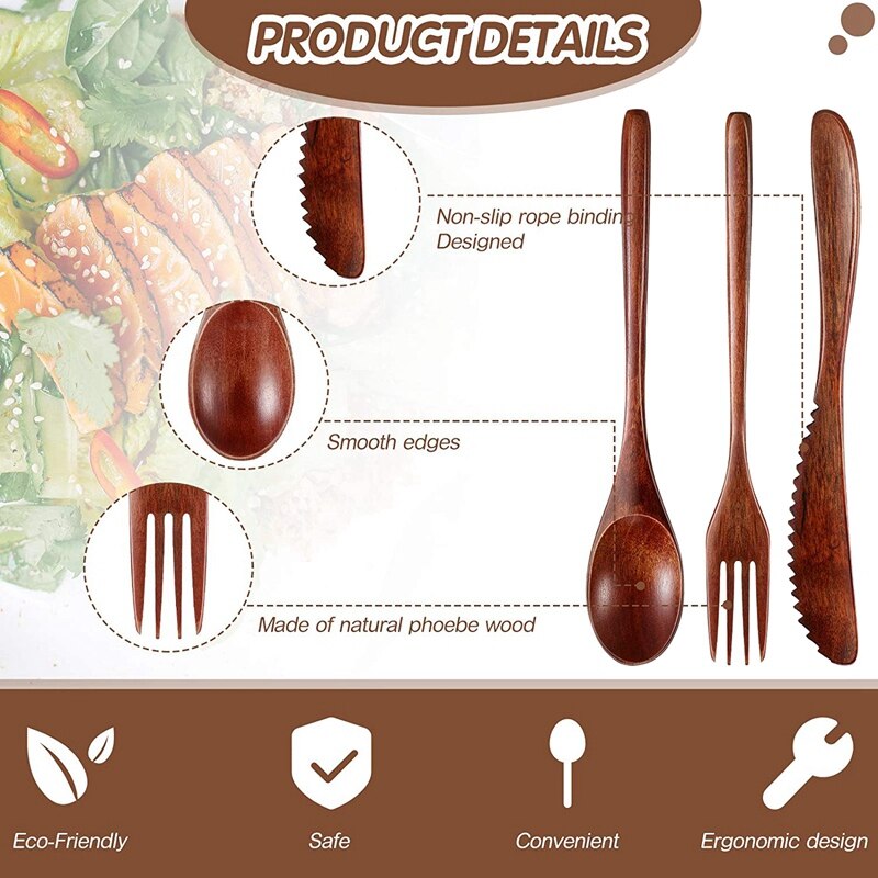 -15 Pcs Wooden Spoon Fork Knife Cutlery Set Wooden Dinner Utensil Set Kitchen Wooden Flatware Tableware Cutlery Set