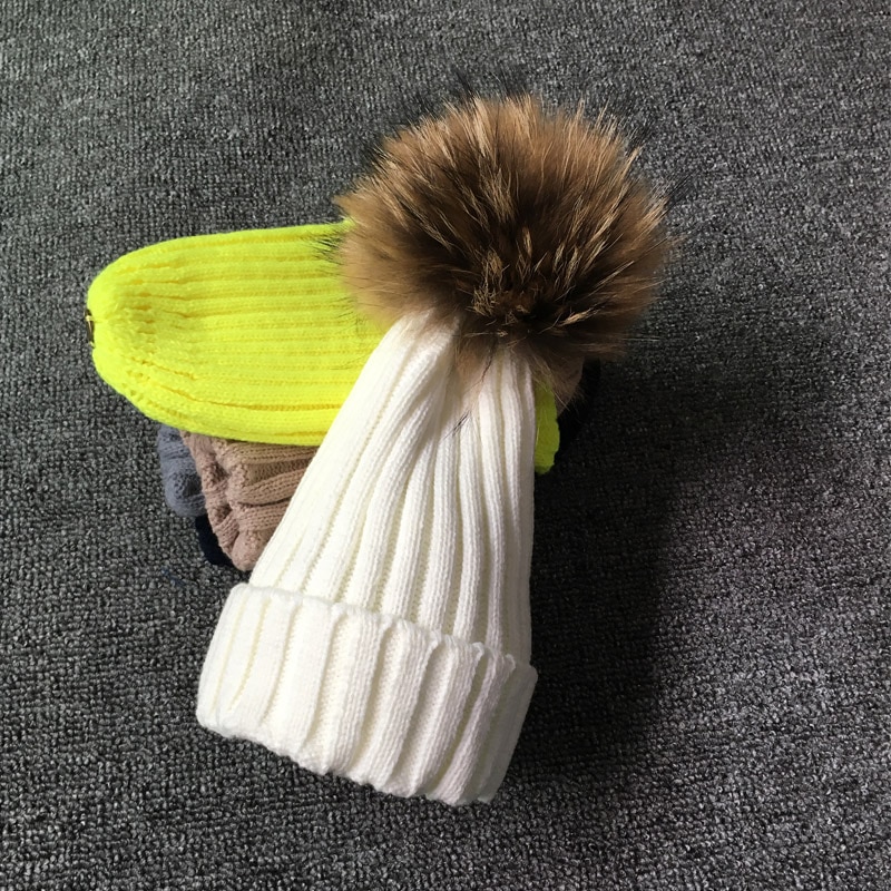 Gorro con pompones de piel para mujer, gorro de punto, gorros gruesos, de invierno