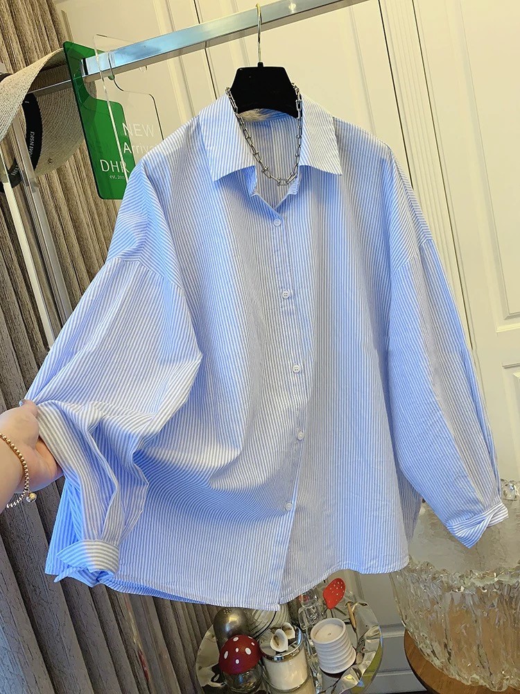 Camisa De algodón a rayas para Mujer, Blusa De manga larga con cordones, talla grande, a la , otoño, 2024