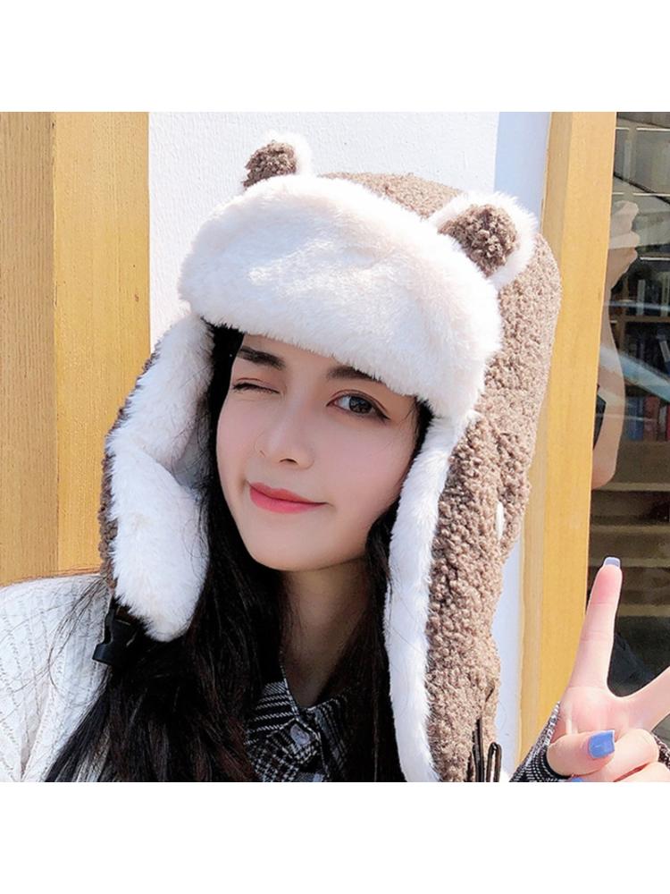Women Cartoon Bear Ears Winter Trooper Trapper Hat with Removable Dustproof Face Mask Thermal Fleece Lining Earflap Cap