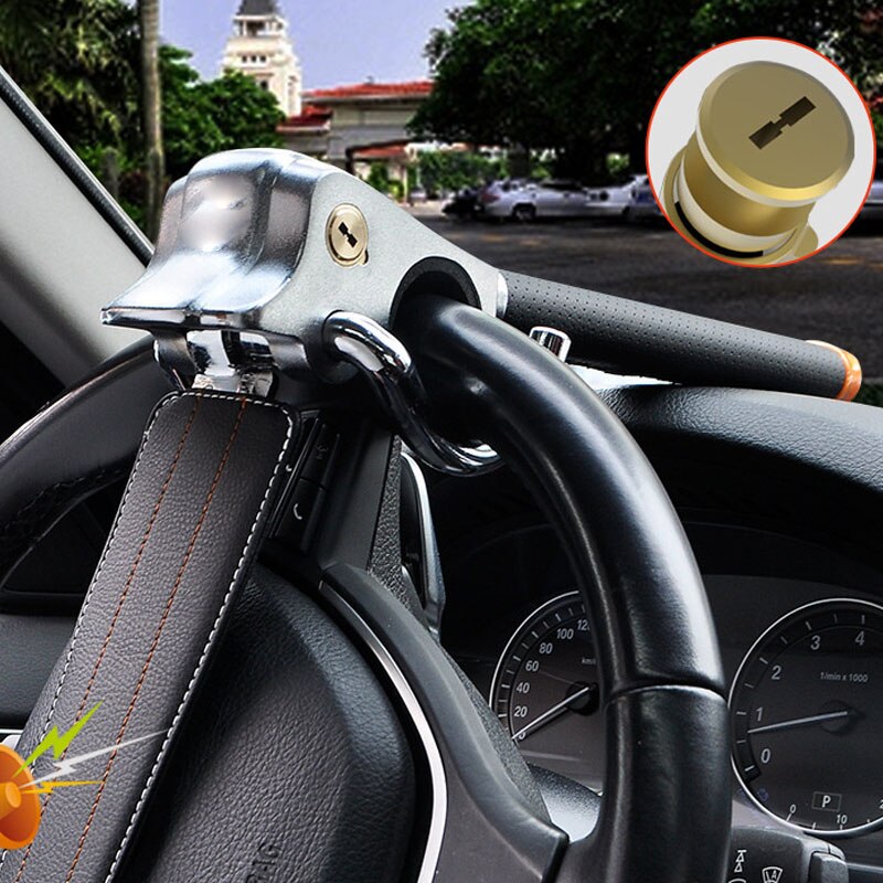 Universal Car Anti-theft Steering Wheel Lock Airbag Alarm with Key Heavy Duty Steel Anti-saw Anti-Pry Retractable Safe Tool Lock: Black