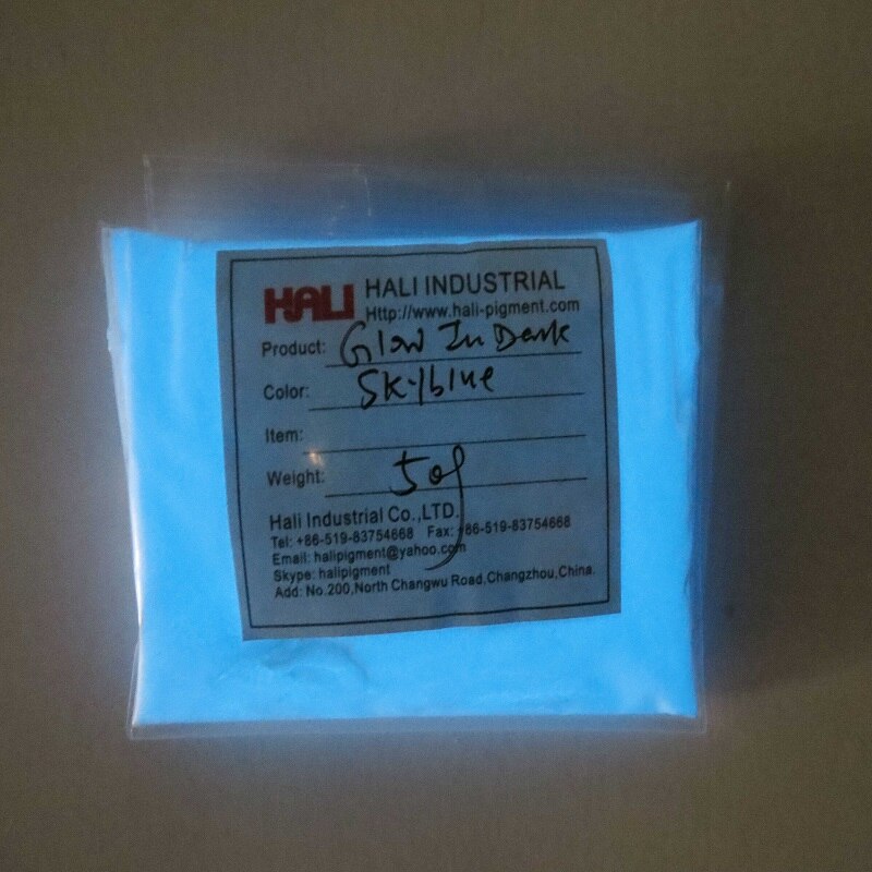 Glow in dark poeder, fotoluminescerend poeder, luminescerend poeder , 1 partijen = 10 kleuren ,10 gram per kleur.: Hemelsblauw 50g