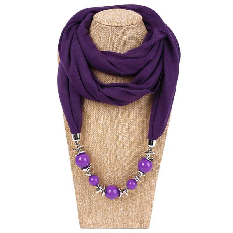 Womens Neckerchief Ring Scarf Necklaces Beads Solid Color Jewelry Shawl