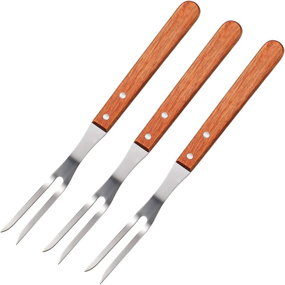 Portable Outdoor Stainless Steel Barbecue Tool Wooden Handle Barbecue Fork Food Fork Meat Fork