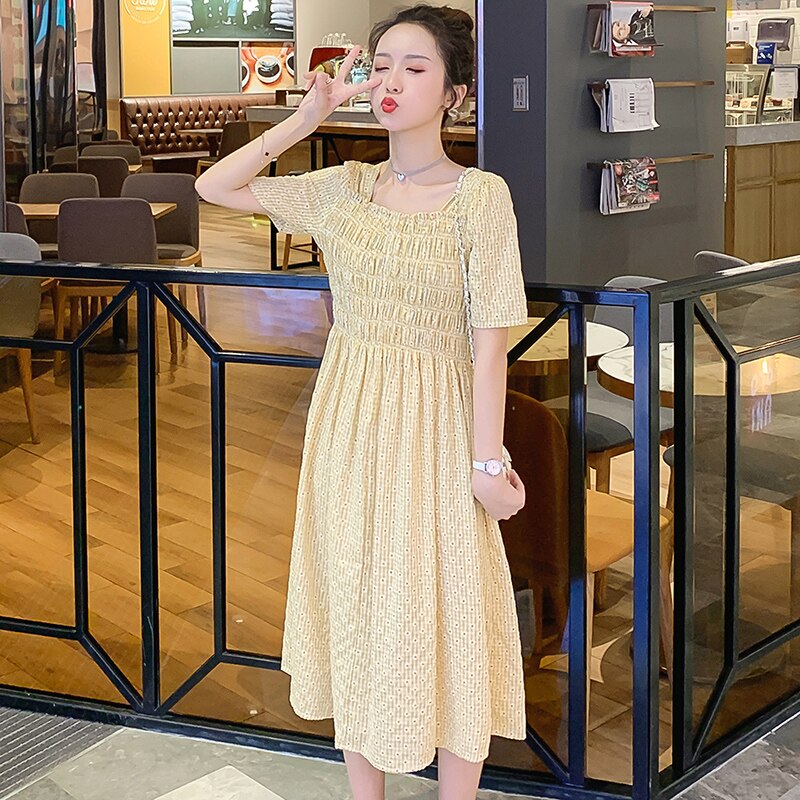 1865# Maternity Dress Summer elastic Cotton Short Sleeve Loose Stylish Dress for Pregnant Women Mom Dress: Yellow / M