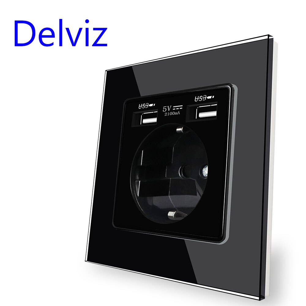 Delviz EU Standard USB Buchse, 5V 2A Doppel usb Ladung Schnittstelle, Zauberstab eingebettet 16A Steckdose, gehärtetem Kristall Glas Tafel: Schwarz (mit USB)