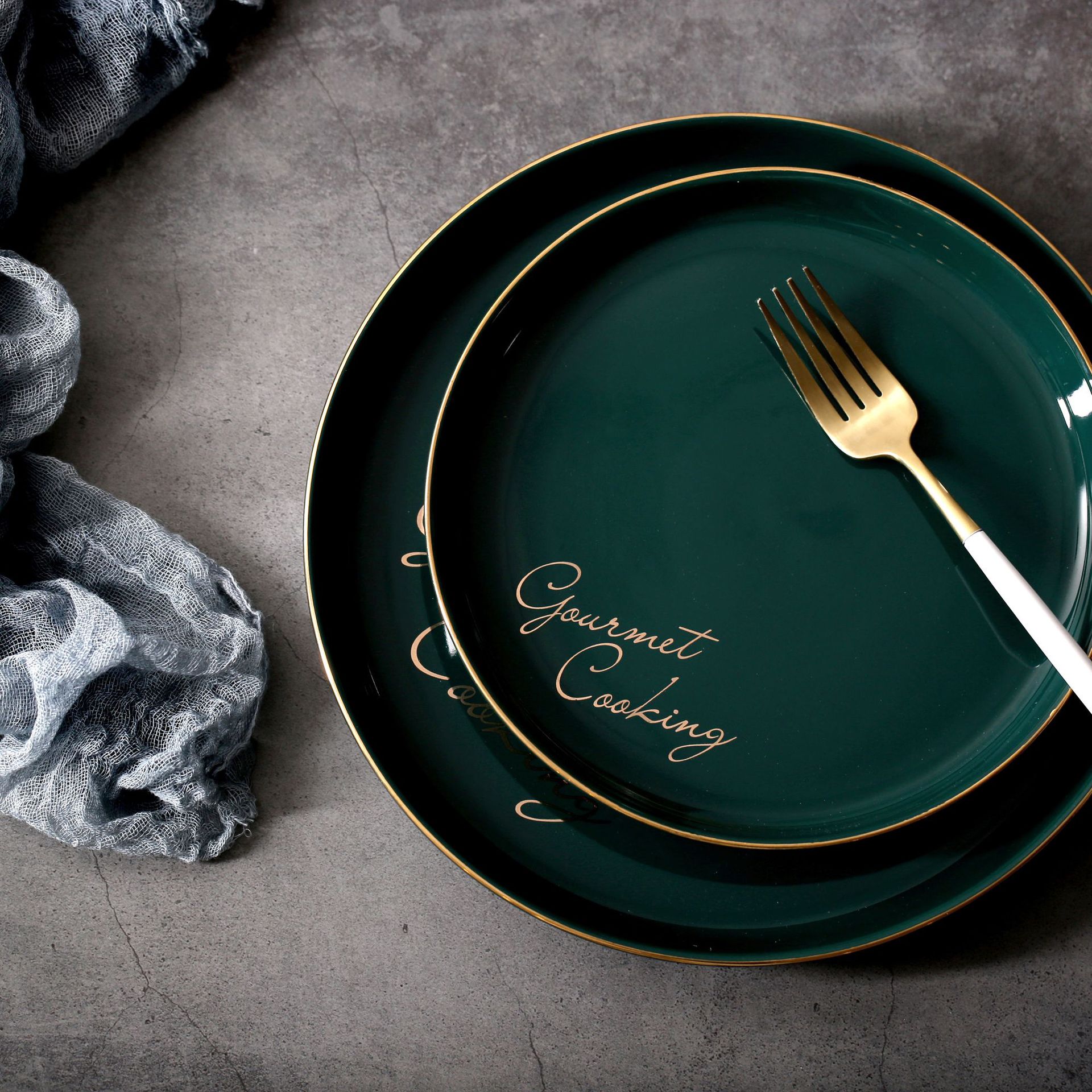 Nordic Gold Edge Ceramic Plate Green Round Porcelain Household Dinner Plate Steak Dessert Tray Breakfast Fruit Cake Dishes Plate