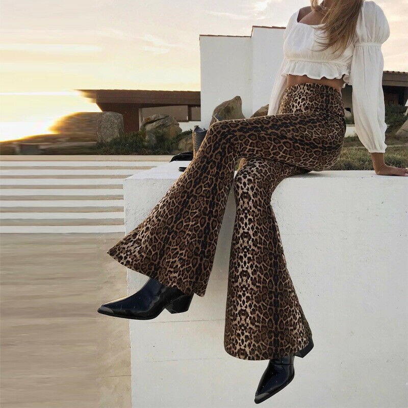Pantalones acampanados Vintage para mujer, pantalón de cintura alta con estampado de leopardo, ajustados, informales, elegantes, Retro, para y vacaciones