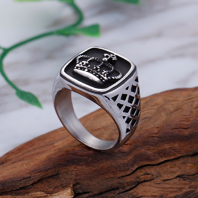 thumbnail image 2 of Vintage Black Turquoise Men's Stainless Steel Signet Ring - 316L, Classic Band 2 of 6