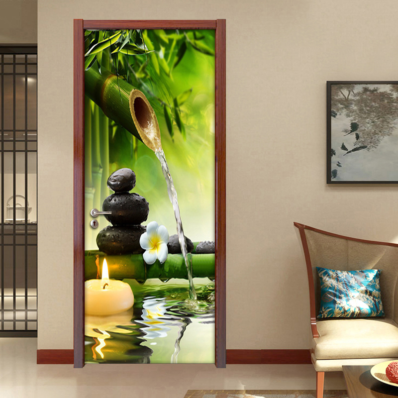 Pegatinas de puerta de paisaje de bambú verde 3D DIY, autoadhesivo de PVC, Mural de puerta de sala de estar, pegatina de pared, póster, papel tapiz fotográfico