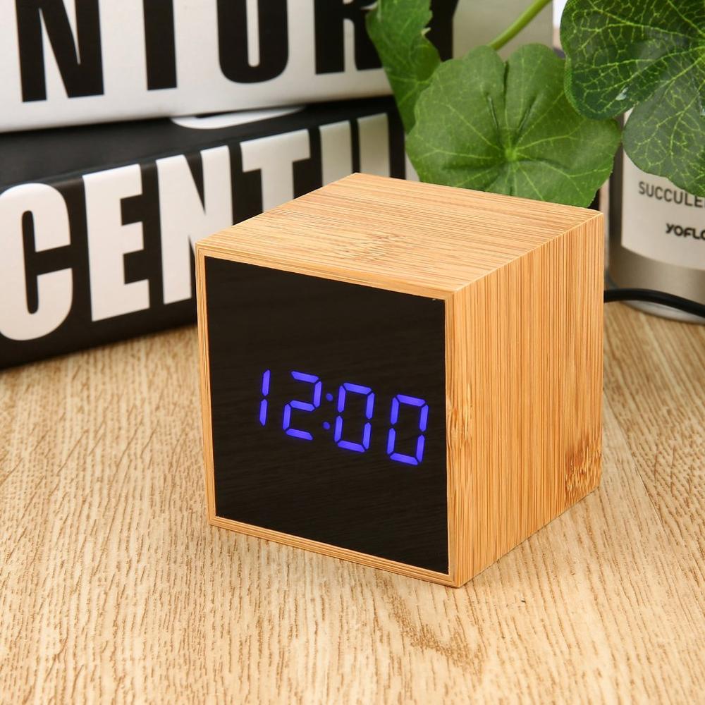 Sound control LED Digital Alarm Clock 3 Brightness USB Chargeable Bamboo Cube Clock Desktop Desk LED Clock Home Office Travel: Default Title