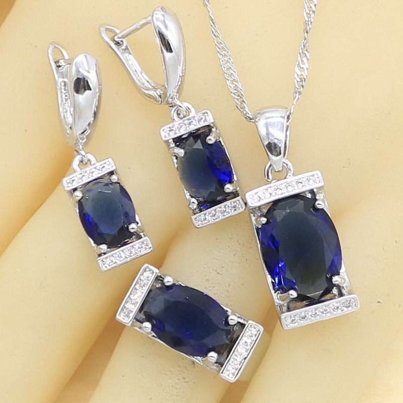 Silver Color Jewelry Sets For Women Blue Semi-precious Earrings Necklace Pendant Rings Free Box