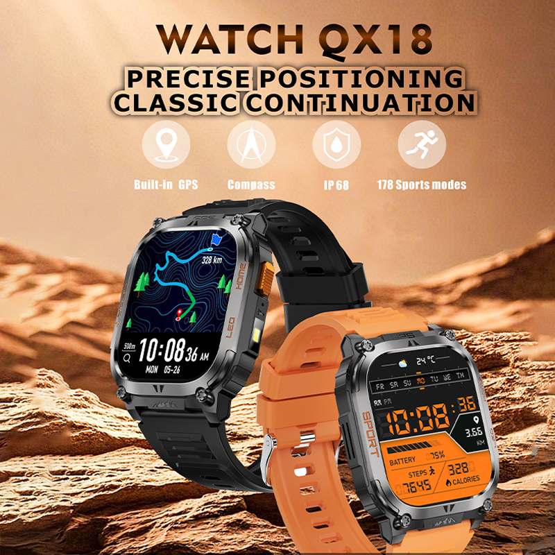 Smartwatch z wbudowanym GPS, wodoodporny IP68, bateria 630 mAh, kompas, barometryczny wysokościomierz, odtwarzanie muzyki Bluetooth, sterowanie głosowe AI, połączenia BT.