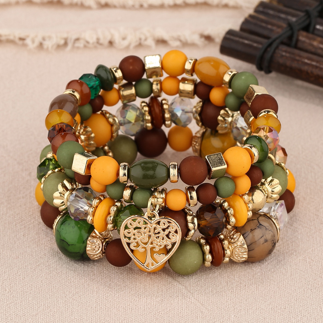 Conjunto de pulsera de corazón de árbol de la vida para mujer, cadena de cuentas de cristal acrílico, brazalete elástico, joyería de de femenina, 4 Uds.: Cobalto violeta