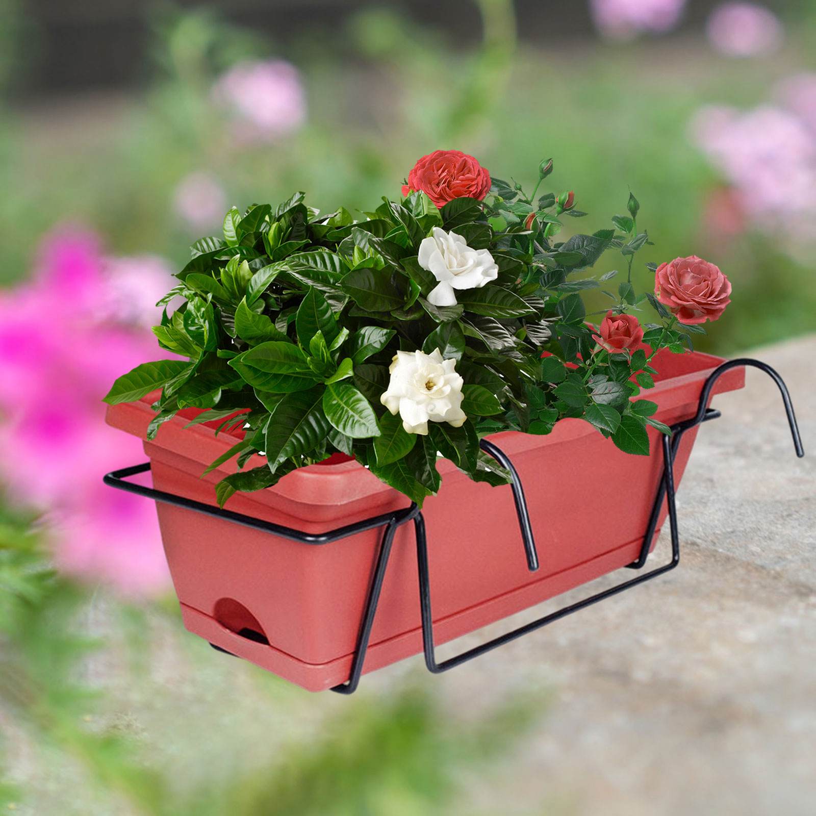 Balcony Railing Planter Flower Pot with Tray Rack Vegetable Planting Pot Plant Basket Window Box for Yard Farmhouse Outdoor