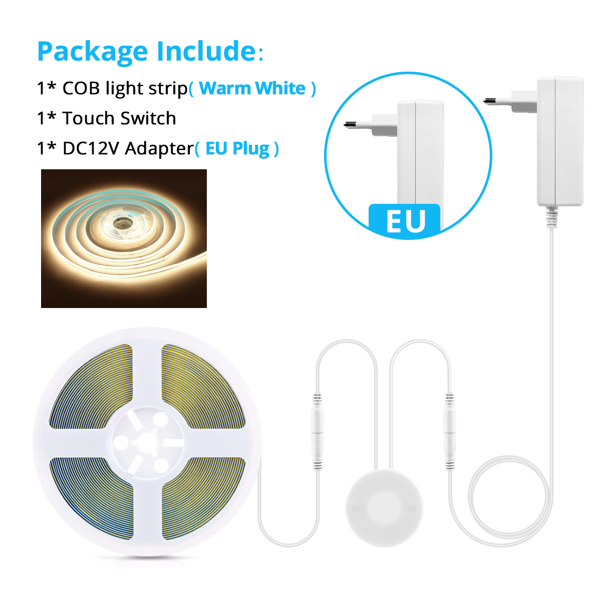 Tira de luces LED COB de 12V, interruptor con Sensor táctil de barrido manual, cinta LED Flexible de alta densidad, 3000K, 4000K, 6500K, decoración para sala de cocina
