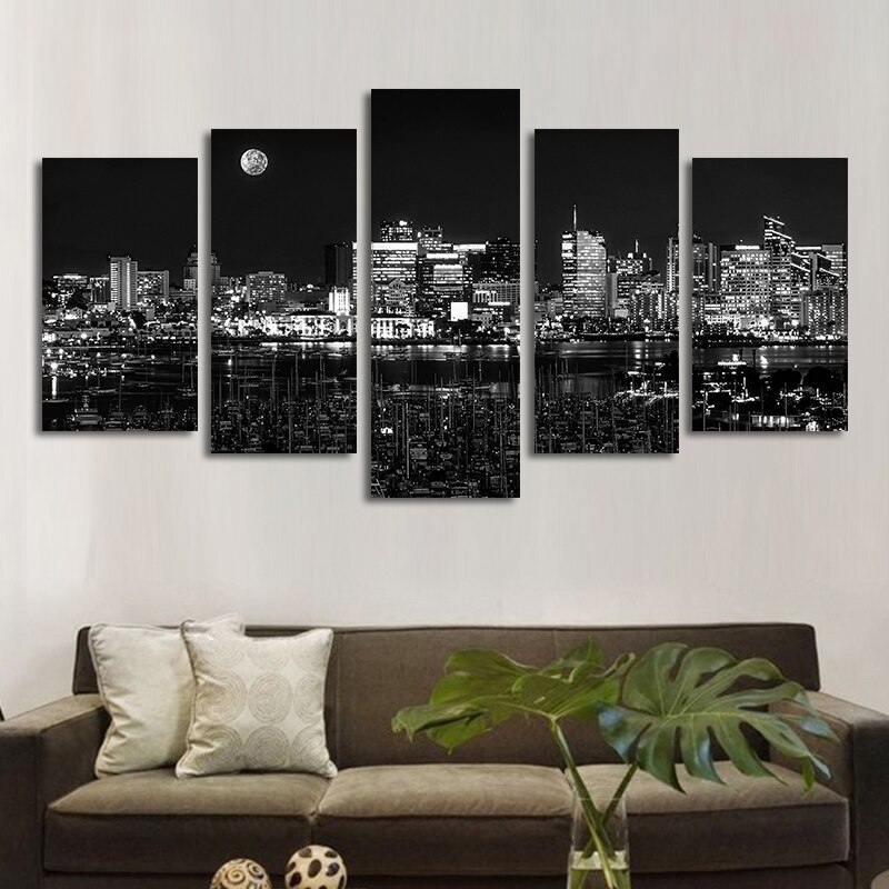 Quadros decoração moderna poster 5 peças, preto e branco, cidade noturna, pintura em tela, imagens de arte para parede, sala de estar