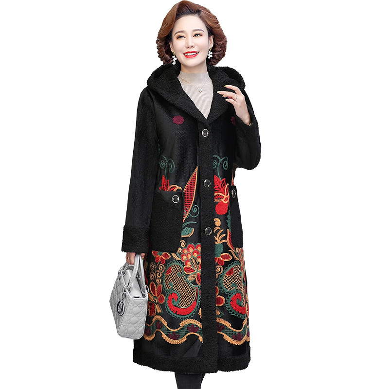 Gabardina larga con capucha para mujer, chaqueta gruesa de felpa aterciopelada con bordado de flores, estilo retro, otoño e invierno,