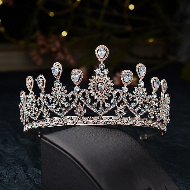 Cristal de luxo pavão nupcial tiaras cz coroas strass pageant diadema barroco coroa noiva headbands casamento acessórios para o cabelo: Rose Gold