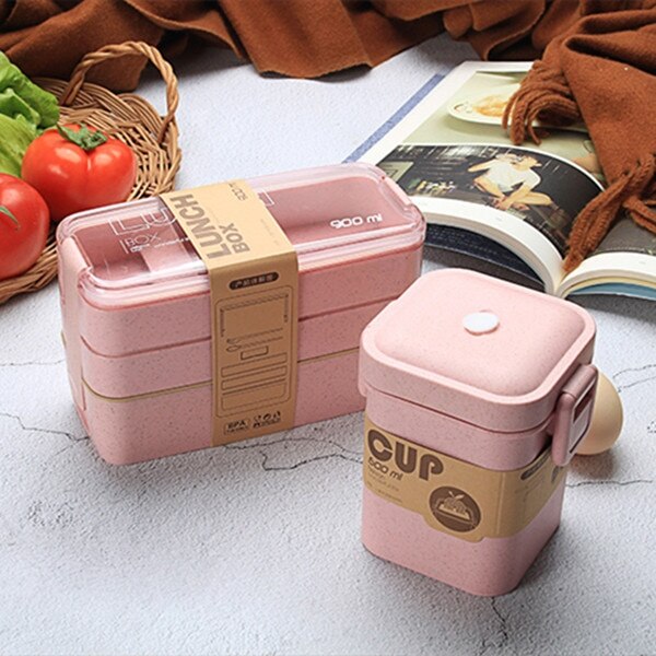 201-300ml/900ml Healthy Material Lunch Box 3 Layer Wheat Straw Bento Boxes Microwave Dinnerware Food Storage Container Lunchbox: Pink Set