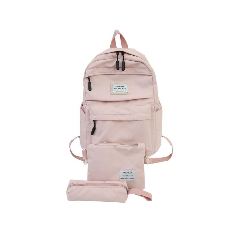 Nylon Women Backpack Large Capacity Student School Bag for Teenage Girl Solid Color Ladies' Travel Shoulder Bag Bagpack Rucksack: Pink 3set