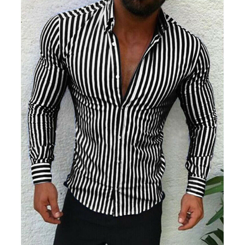 Miesten luksus tyylikäs slim fit business rento paita uusin sprintti syksy yksinkertainen raita pitkähihaiset paidat topit: Musta / Xl