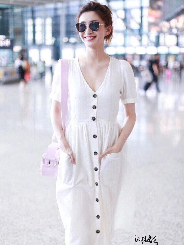 Celebrity dress white dress mid-length cotton and linen V-neck waist large pocket short-sleeved shirt skirt summer