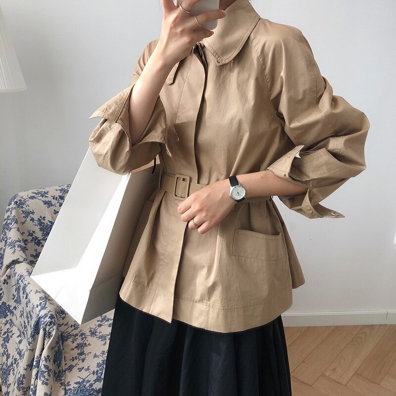 [eam] losse pasvorm kaki bandage split joint temperament jas revers lange mouw damesjas lente herfst 1 648: M