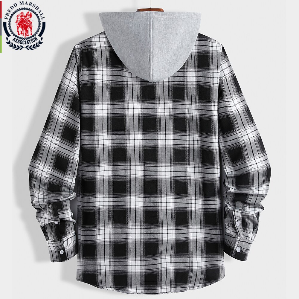 FREDD MARSHALL Spring Long Sleeve Plaid Hooded Shirt Men Casual Business Hood Shirts Outwear Male Clothing 4050