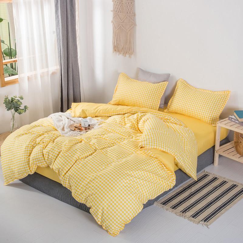 Japanse beddengoedset 220 x 240 dekbedovertrek met kussensloop , 210 x 210 dekbedovertrekken, gele geruite dekenhoes, kingsize bedset