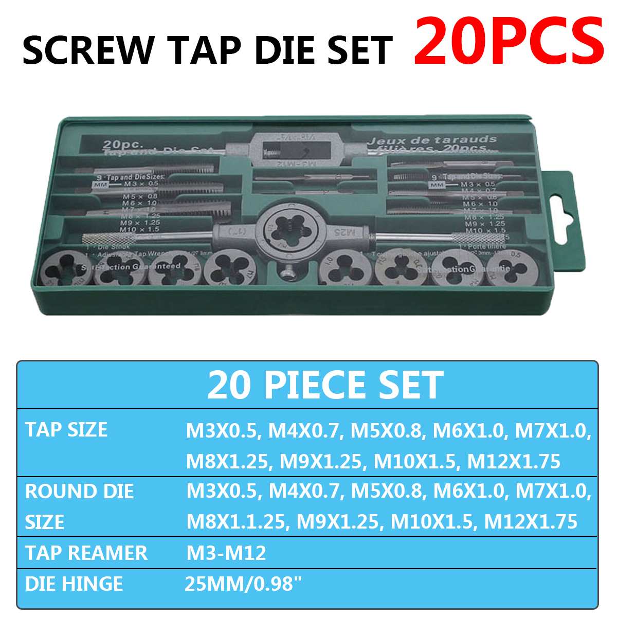 M3-M12/M6-M12 Tap and Die Set 20pcs/40pcs Screw Thread Plug Taps Wrench Die Alloy Steel Hand Tapping Tools Screw Tap Die: 20pcs