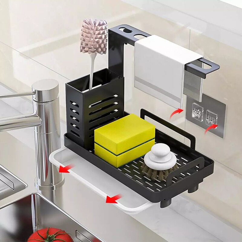 Porte-éponge en acier inoxydable, support de brosse à savon, évier de cuisine, caddie organisateur avec bac de vidange, support de séchage de cuisine Premium