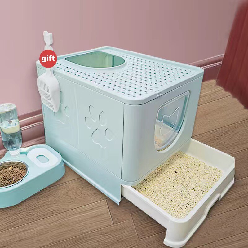 Caja de arena grande para gatos, arenero cerrado, bandeja de arena de plástico, antisplas, productos para mascotas, Alfombra de cama: green 50X40X38 cm