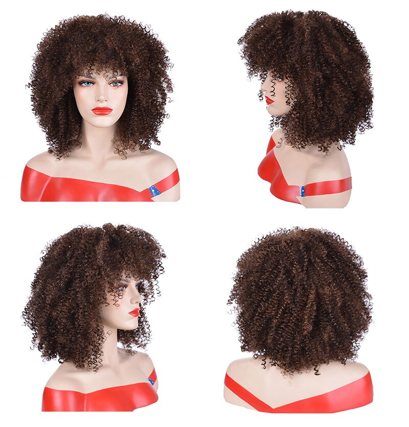 MSIWIGS Brown Synthetic Kinkly Curly Wigs for Women Black Short Afro Wig with Bangs Heat Resistant